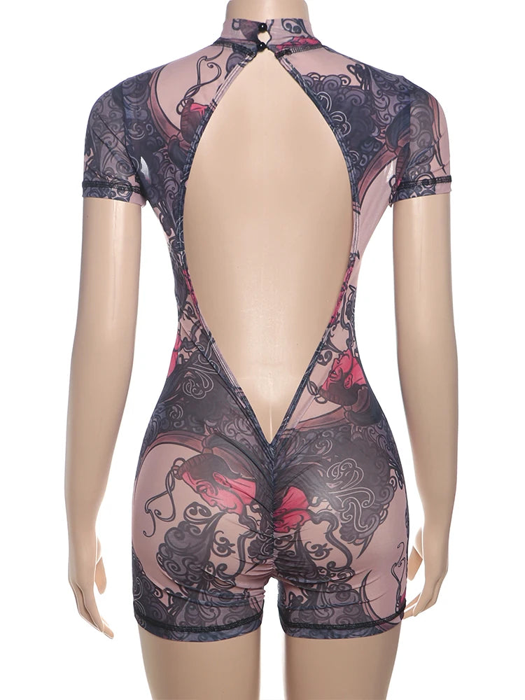 Backless See Through Short Romper