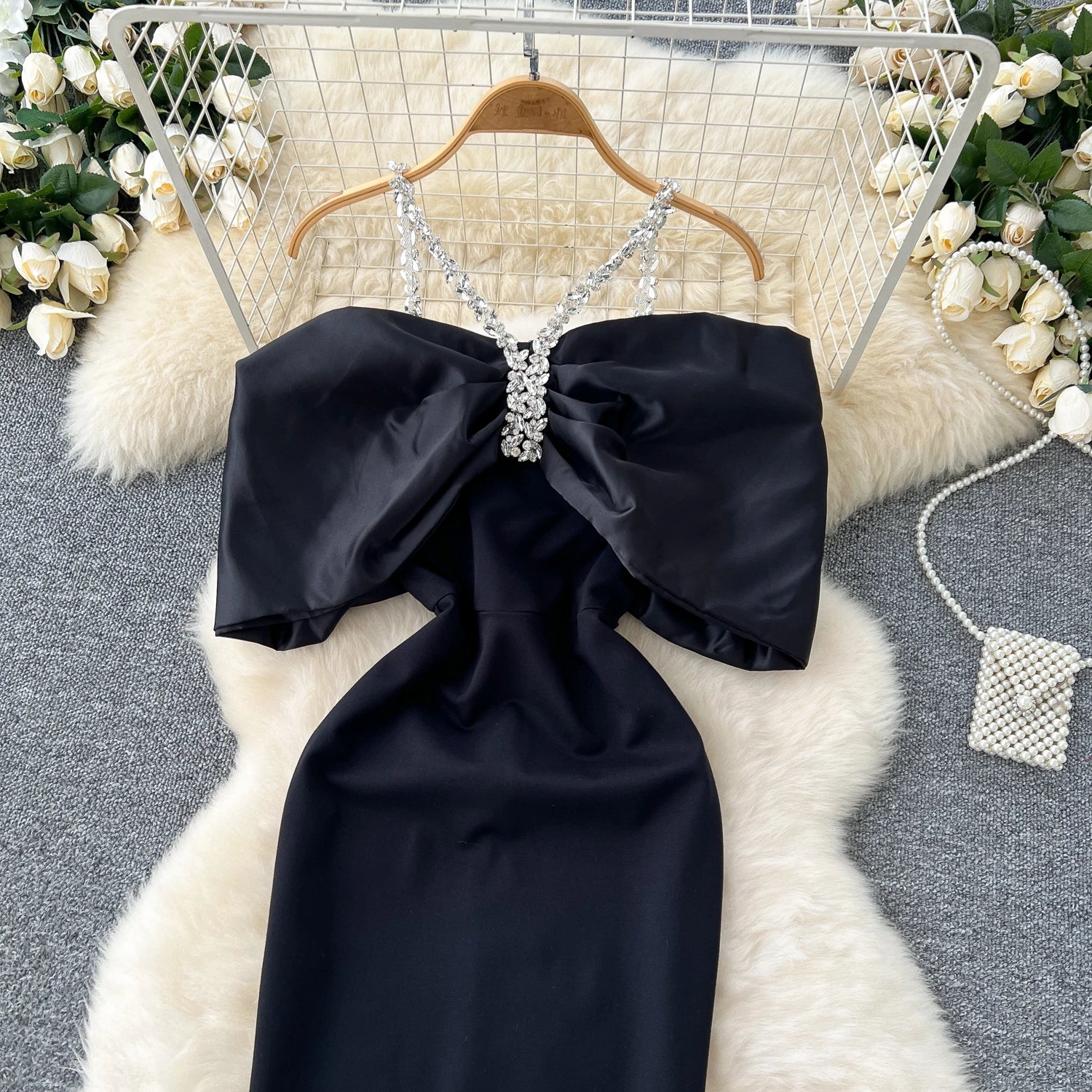 Elegant Rhinestone Chain Halter Off Shoulder Vintage Dress