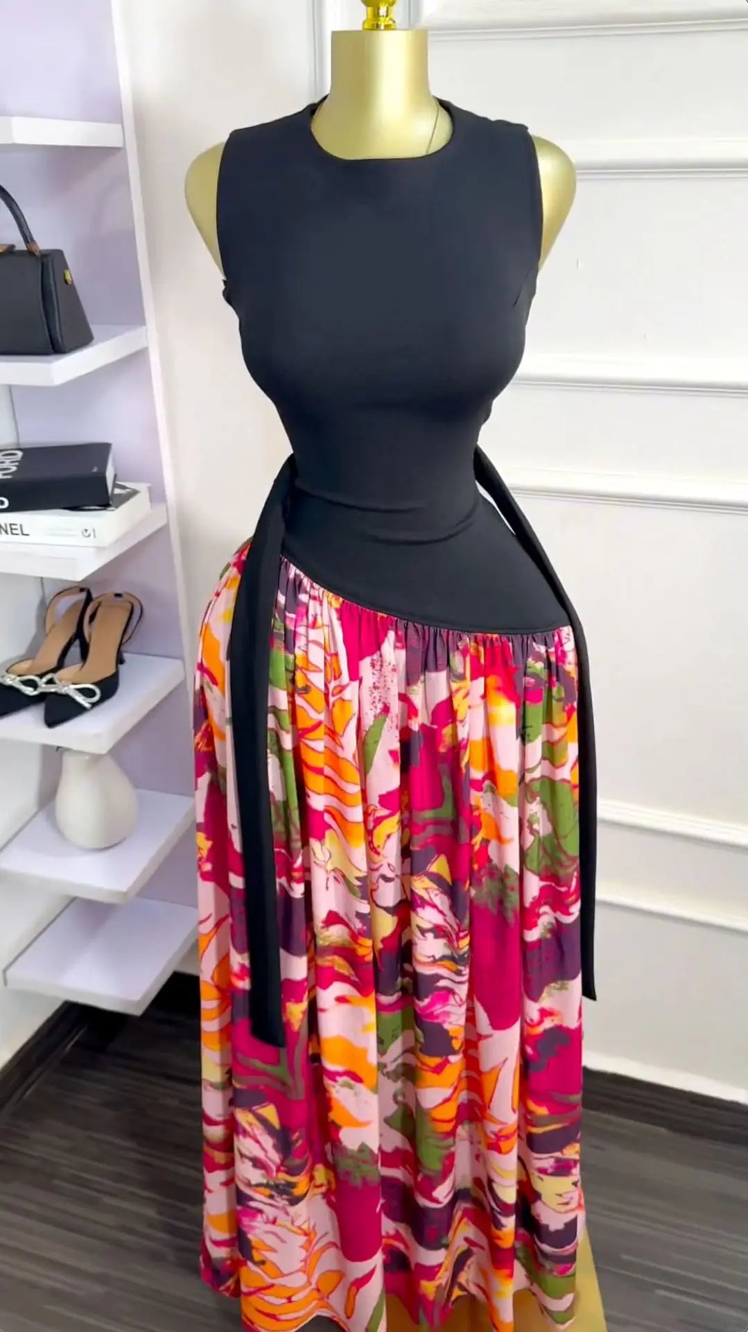 Sleeveless Printed Patchwork Tank Long Maxi Dress