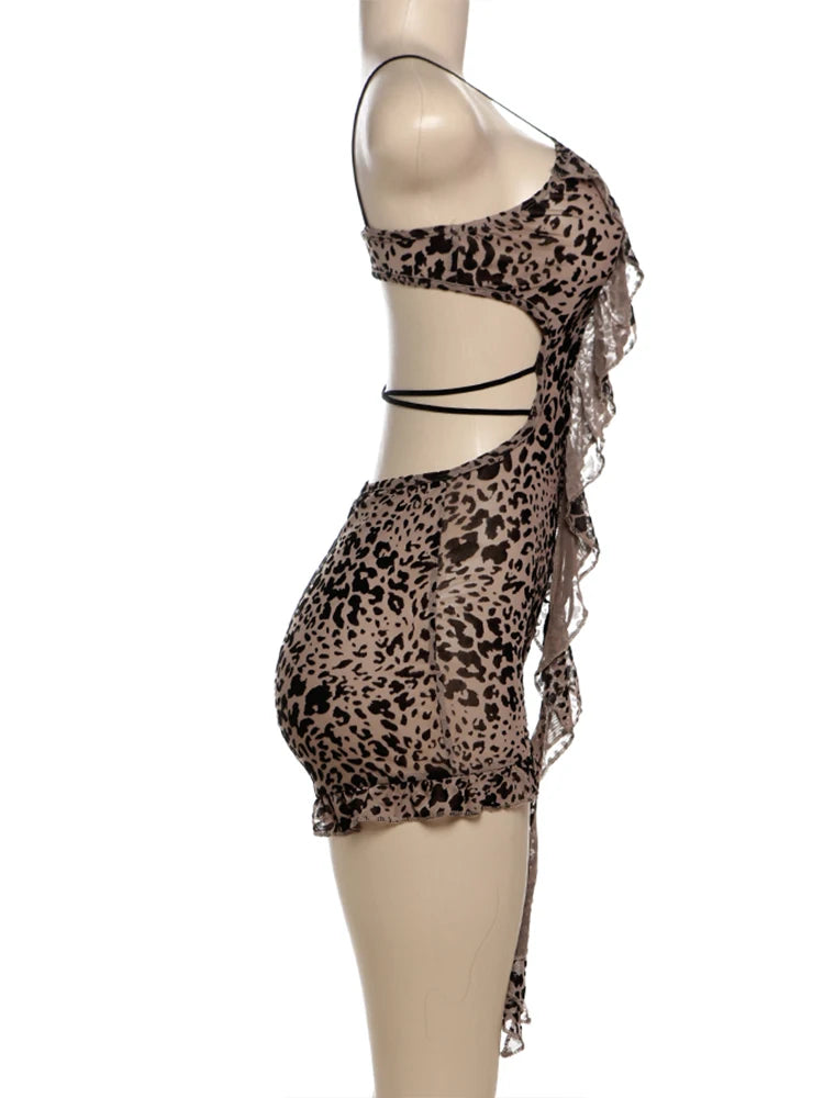 Flocking Leopard Print Backless Tassel Coquette Thin Midnight Playsuit
