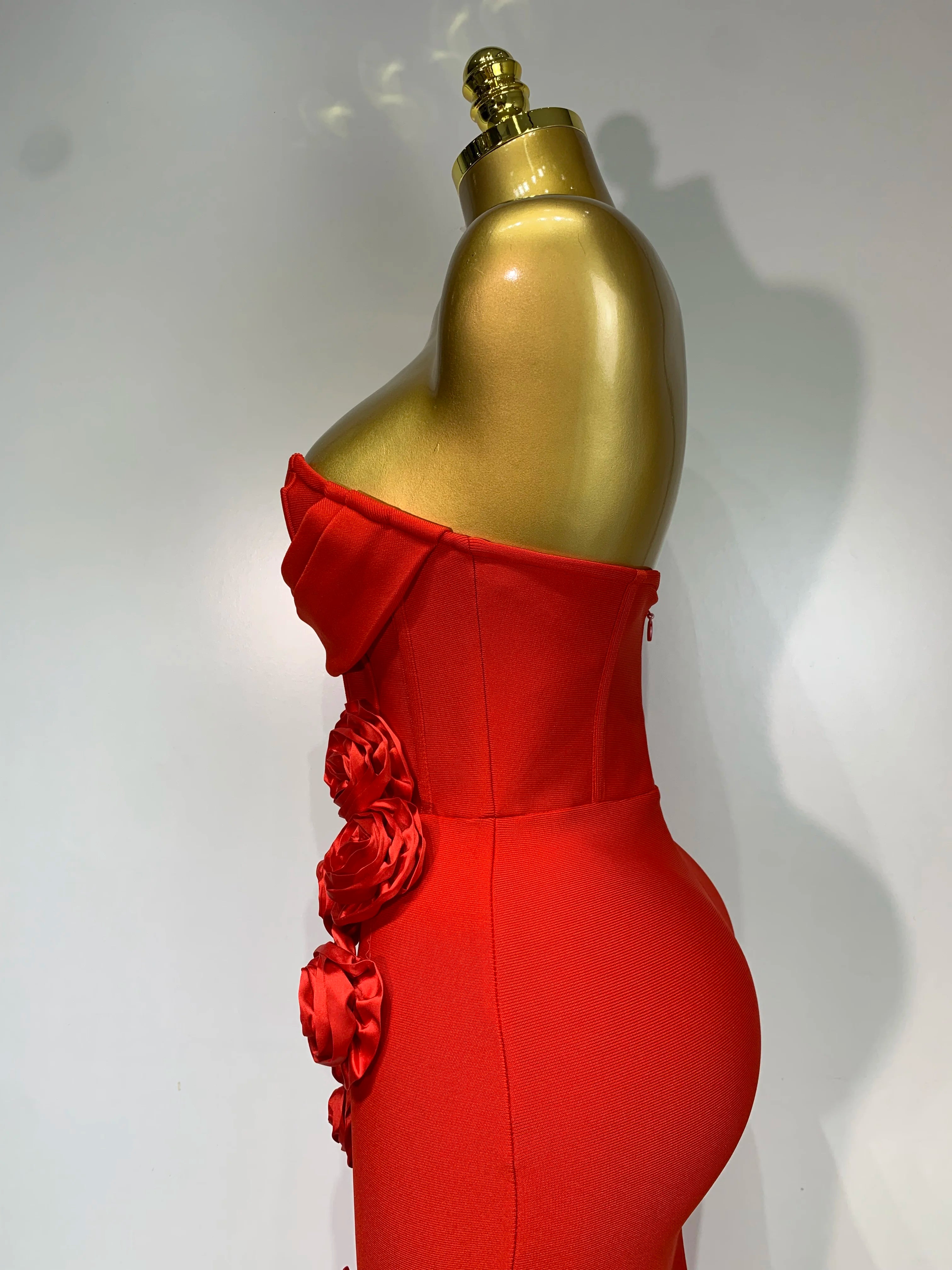 Strapless Backless Red Flower Midi Bandage Dress