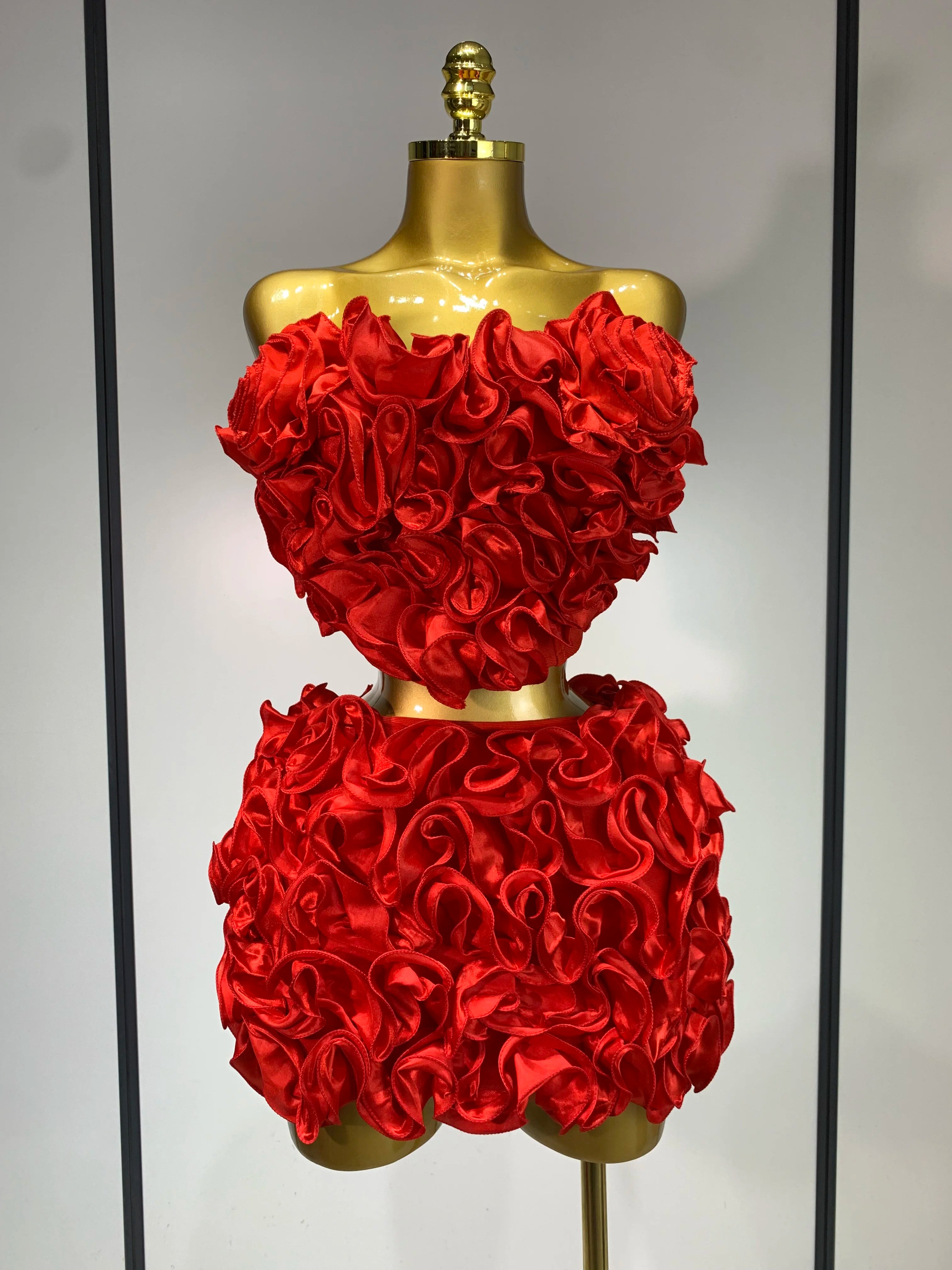 Strapless Red flower Top With Mini Skirt Bodycon Bandage Two Pieces Set