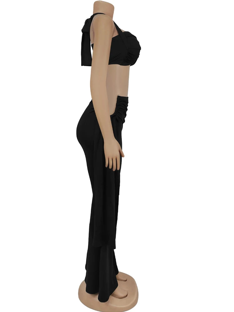 Chic Twist Front Crop Top And Long Straps Wide Legs Pants Se