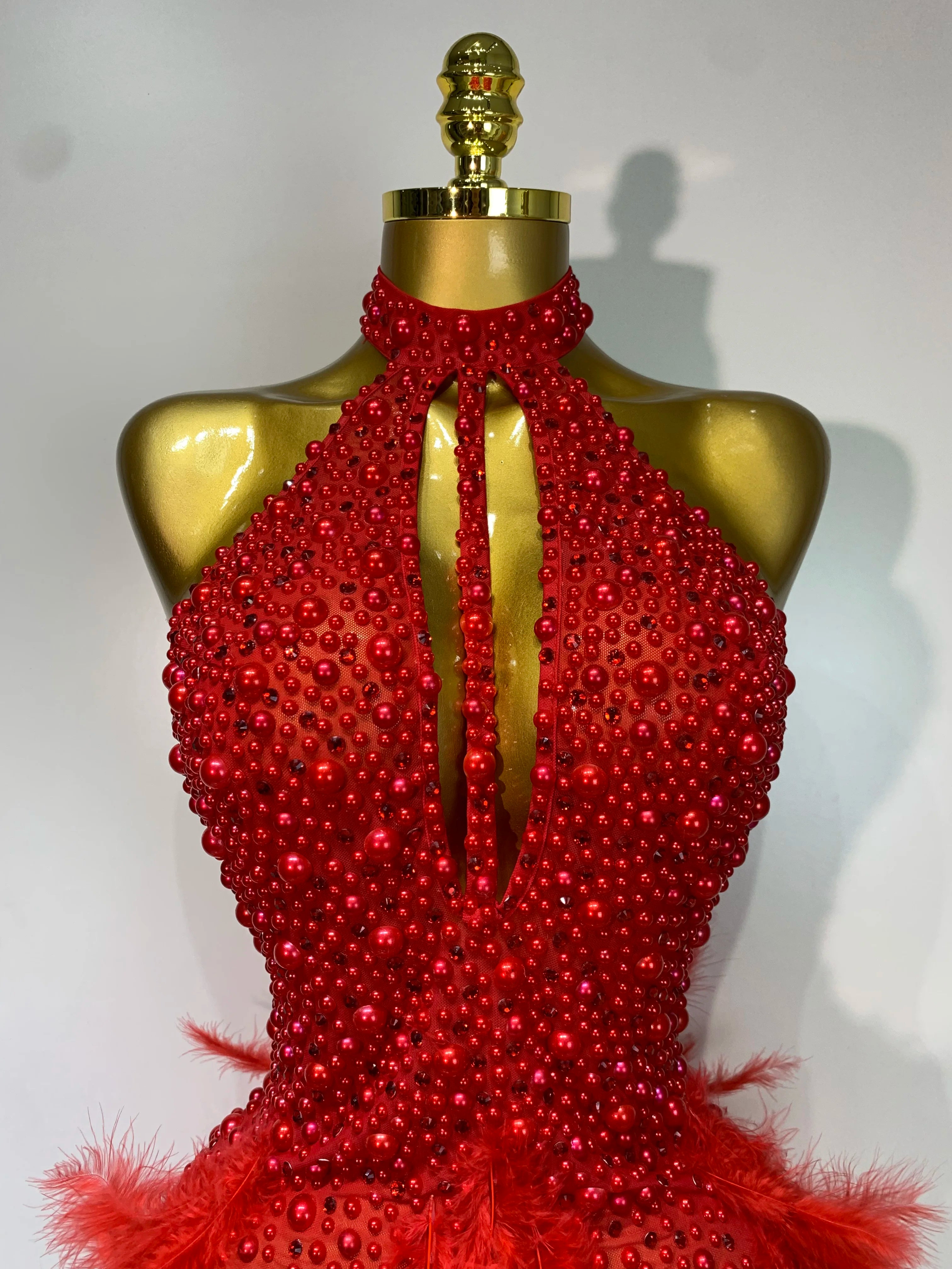Luxury Rhinestones Pearls Halter Backless Short Feathers Dress
