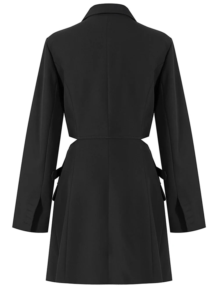 Lapel Long Sleeve Loose Fit Cross Buckle Hollow Out Blazer Dress