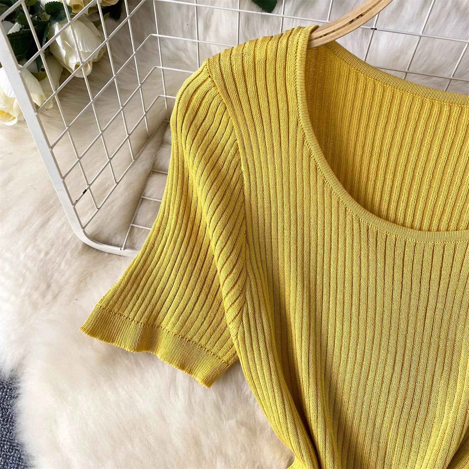 Elegant Stripe Knit Short Sleeves Mesh Patchwork Long Dress