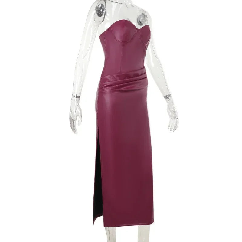 Off Shoulder Strapless PU Leather Maxi Dress