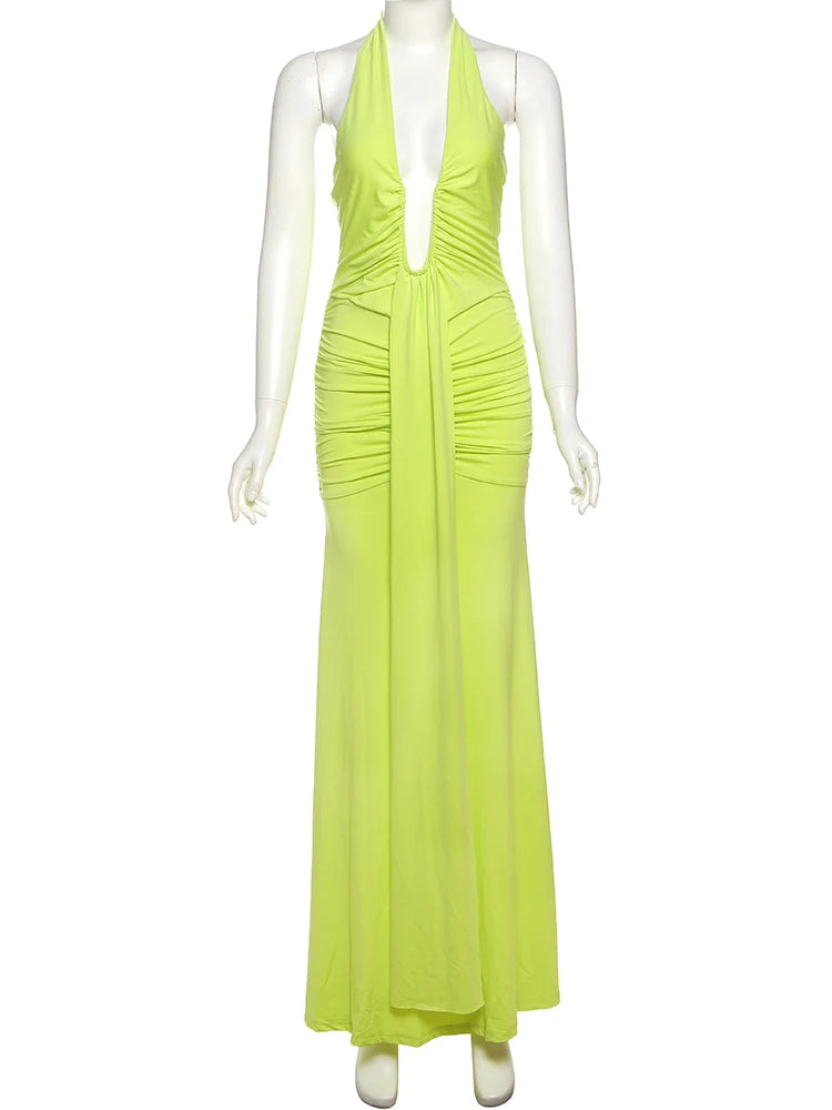 Backless Tassel Pleated Patchwork Halter Sleeveless Dress