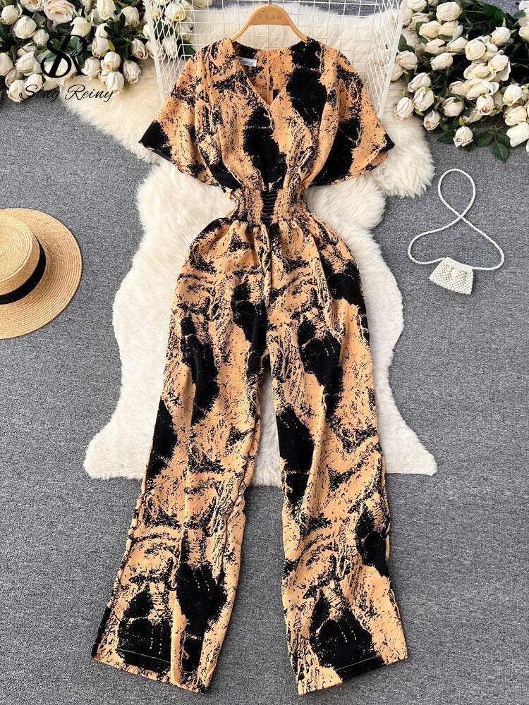 Floral V Neck Jumpsuits Retro Long Rompers