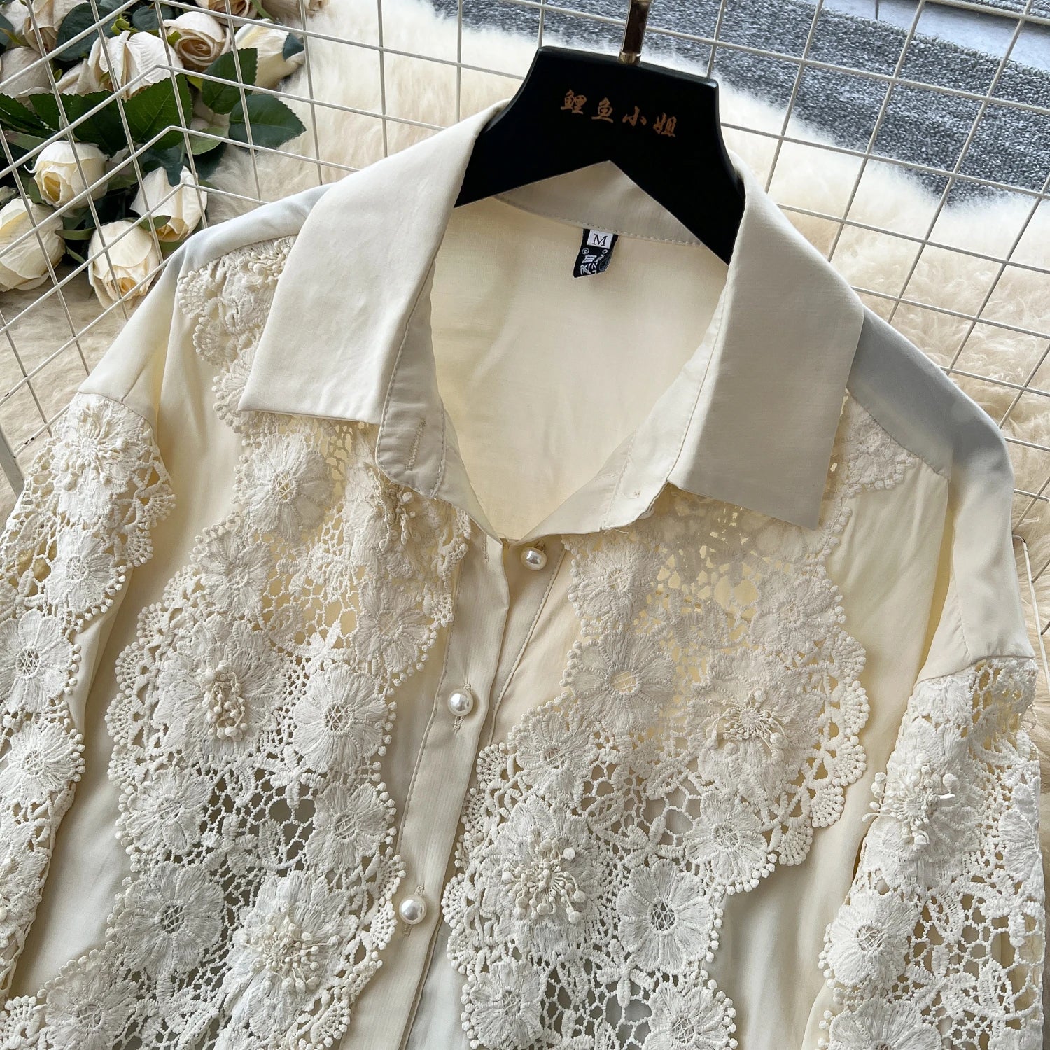 Single Breasted Lace Splice Top+High Waist Wide Legs Long Pants Hook Flower Hollow Suits