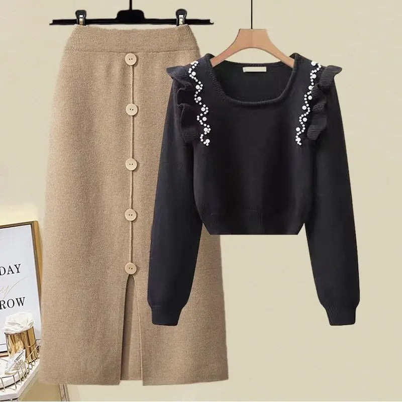 French Elegant Pearl Ruffle Beaded Sweater Top Knitted Shirt Split Half Skirt Two Piece Sets