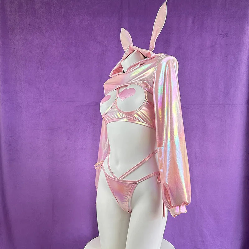 Anime Bunny Pink Laser Patent Leather Bikini Rabbit Costume