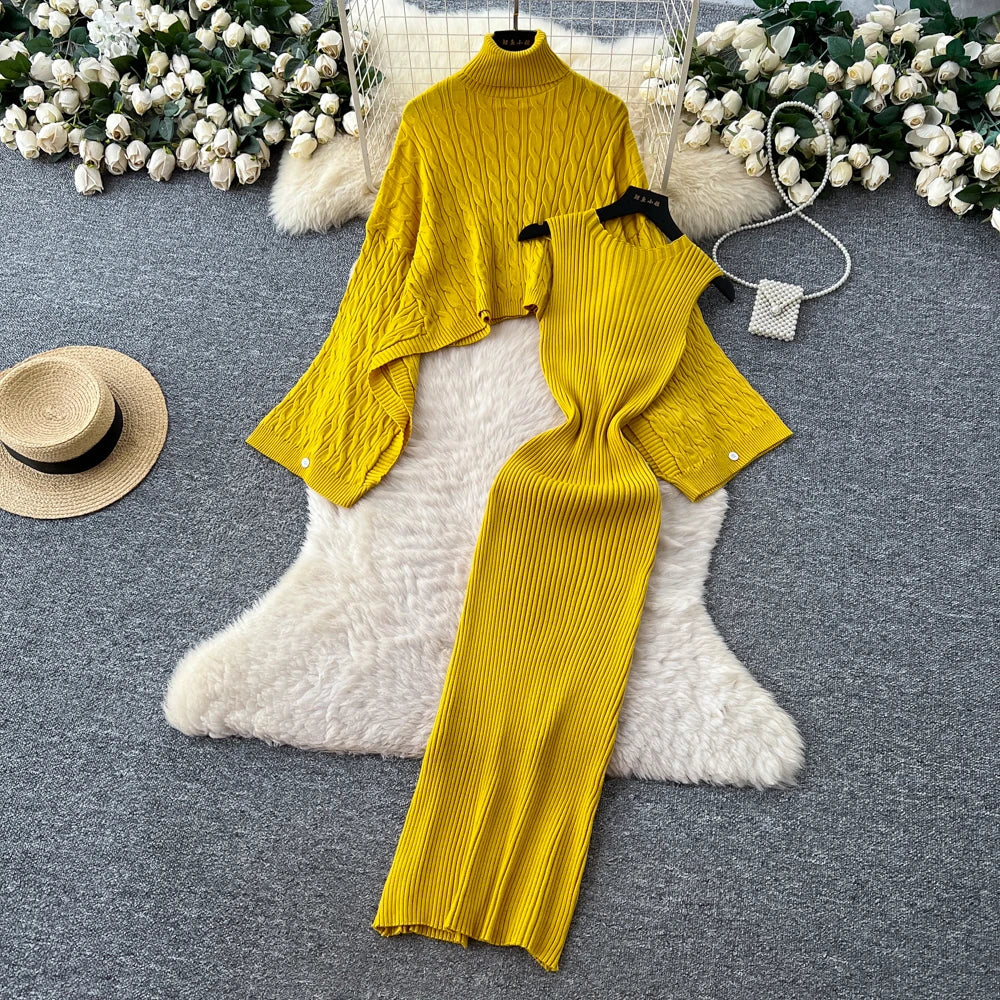 Turtleneck Sweater Suits Batwing Sleeves Short Pullovers+Bodycon Tank Dress Knitted 2Pcs Sets