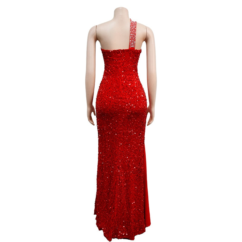 One Shoulder Backless Diamond Sequin Long Bodycon Dress