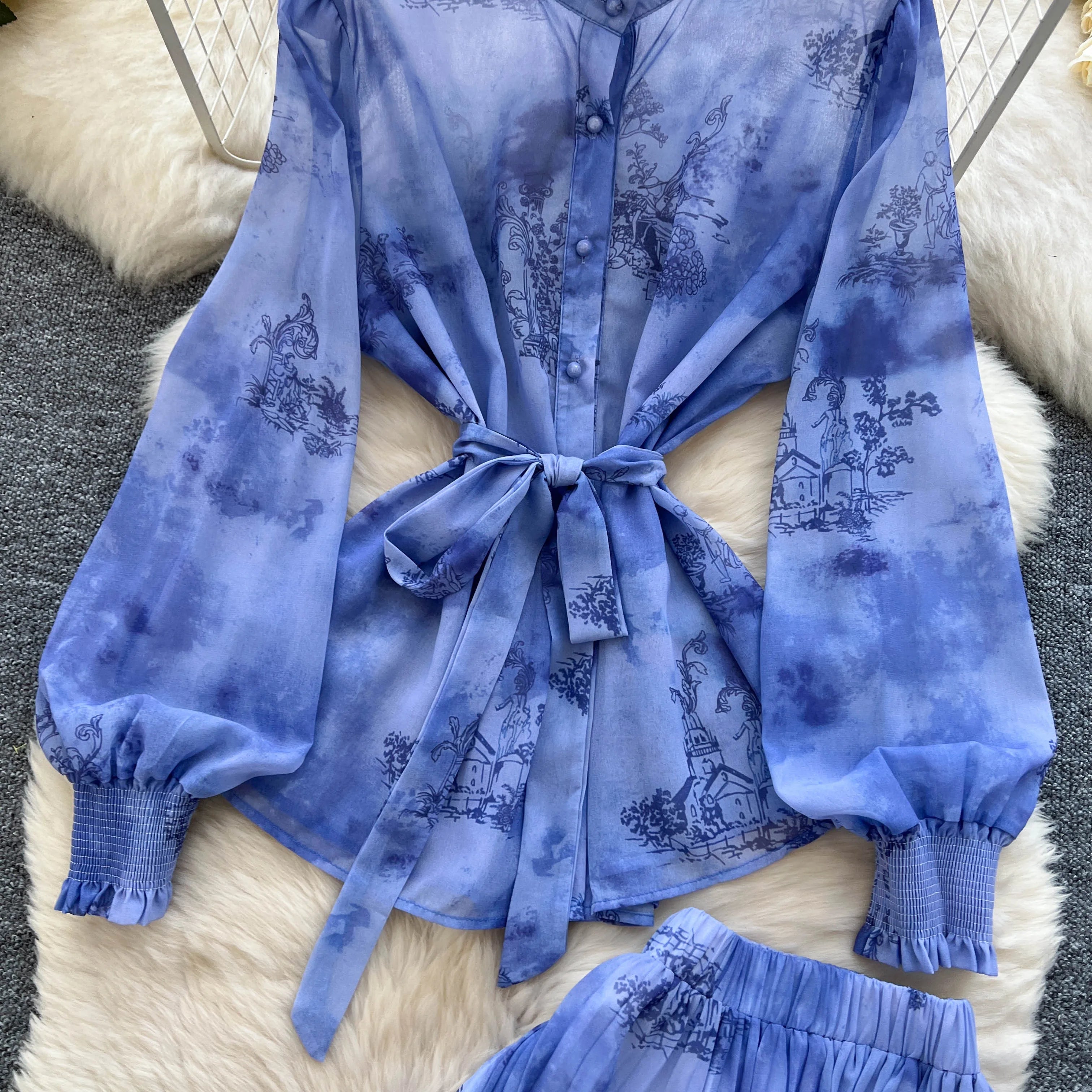 Lantern Sleeves Lace Up Loose Tops+Pleated Skirt Floral Chiffon Sets