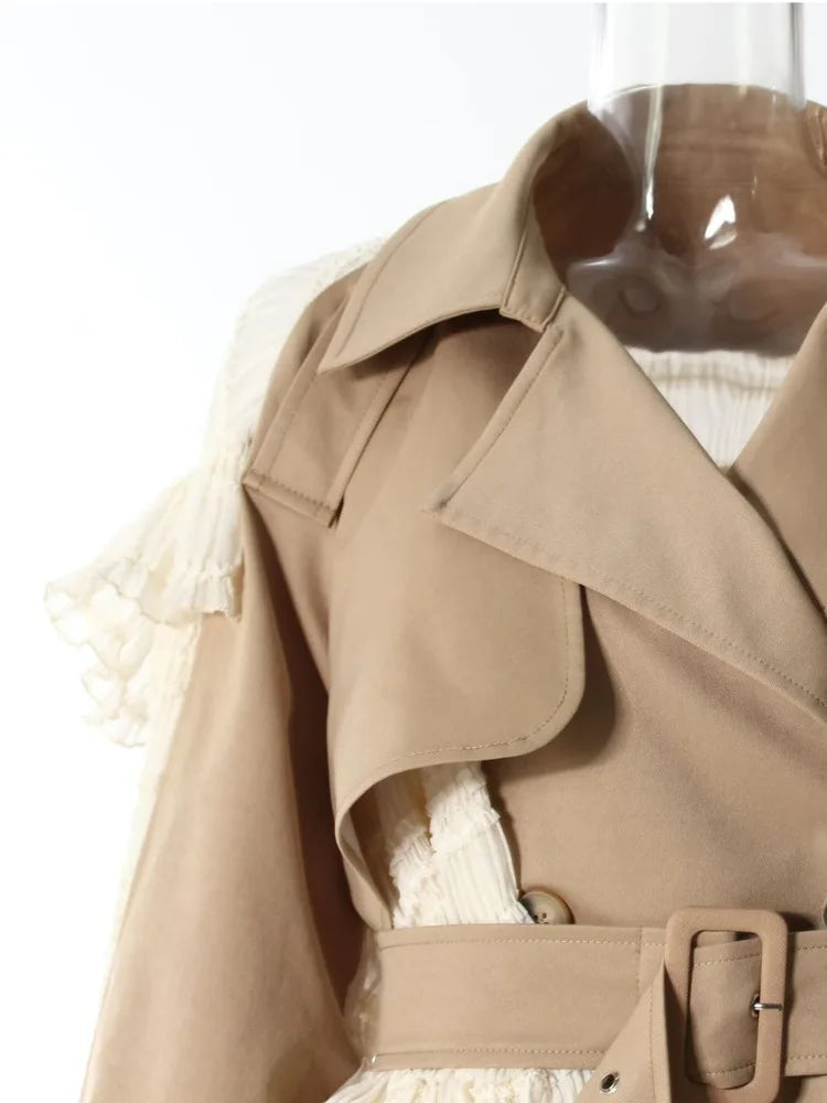 Turn Down Collar Double Breasted High Waist Windbreaker