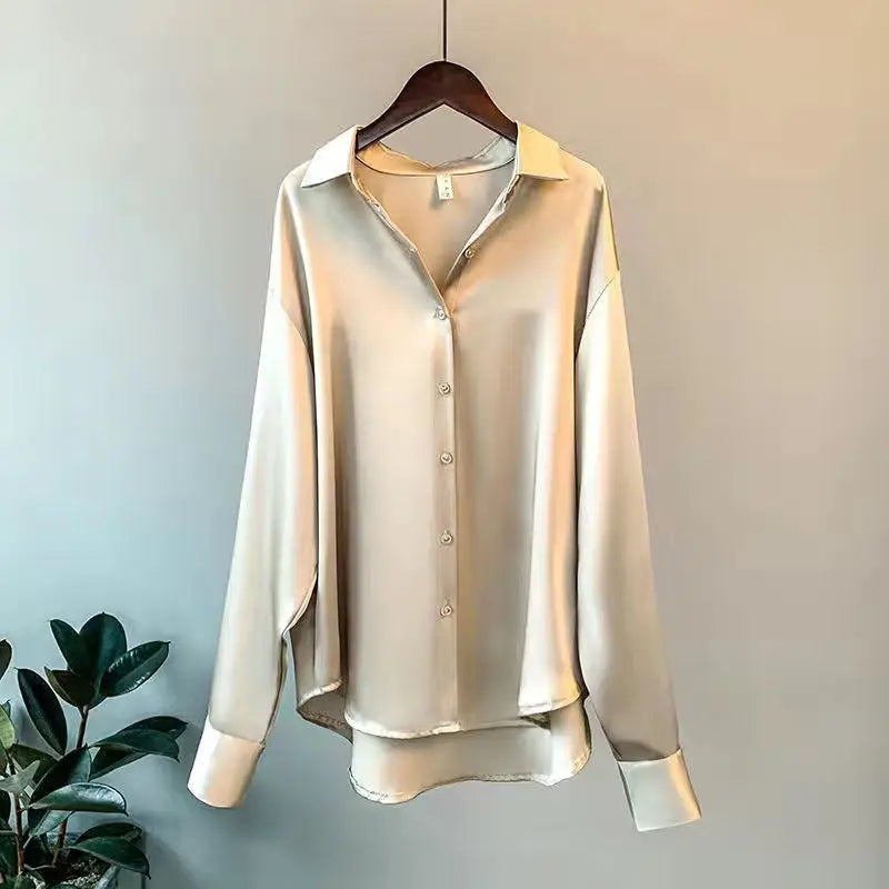 Vintage Satin Blouse Long Sleeve Button Loose Shirts