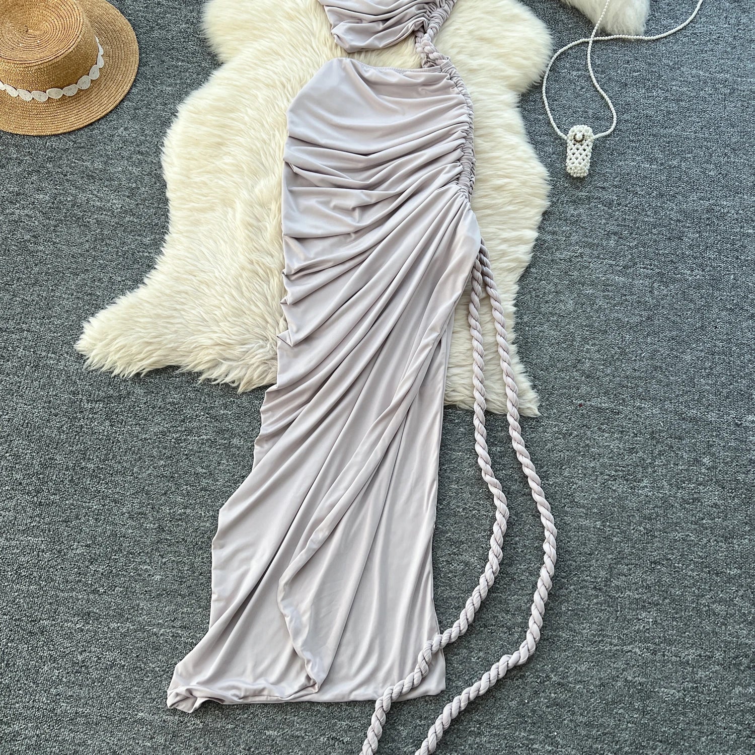 Hollow Out Split Ruched Solid Maxi Sundress