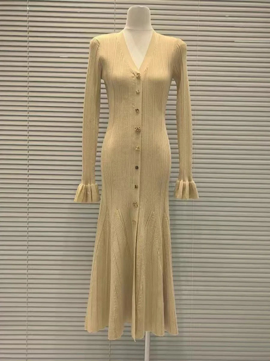 Autumn Winter Knitted V-Neck Long Sleeve Single Breasted Long Knitted Dress
