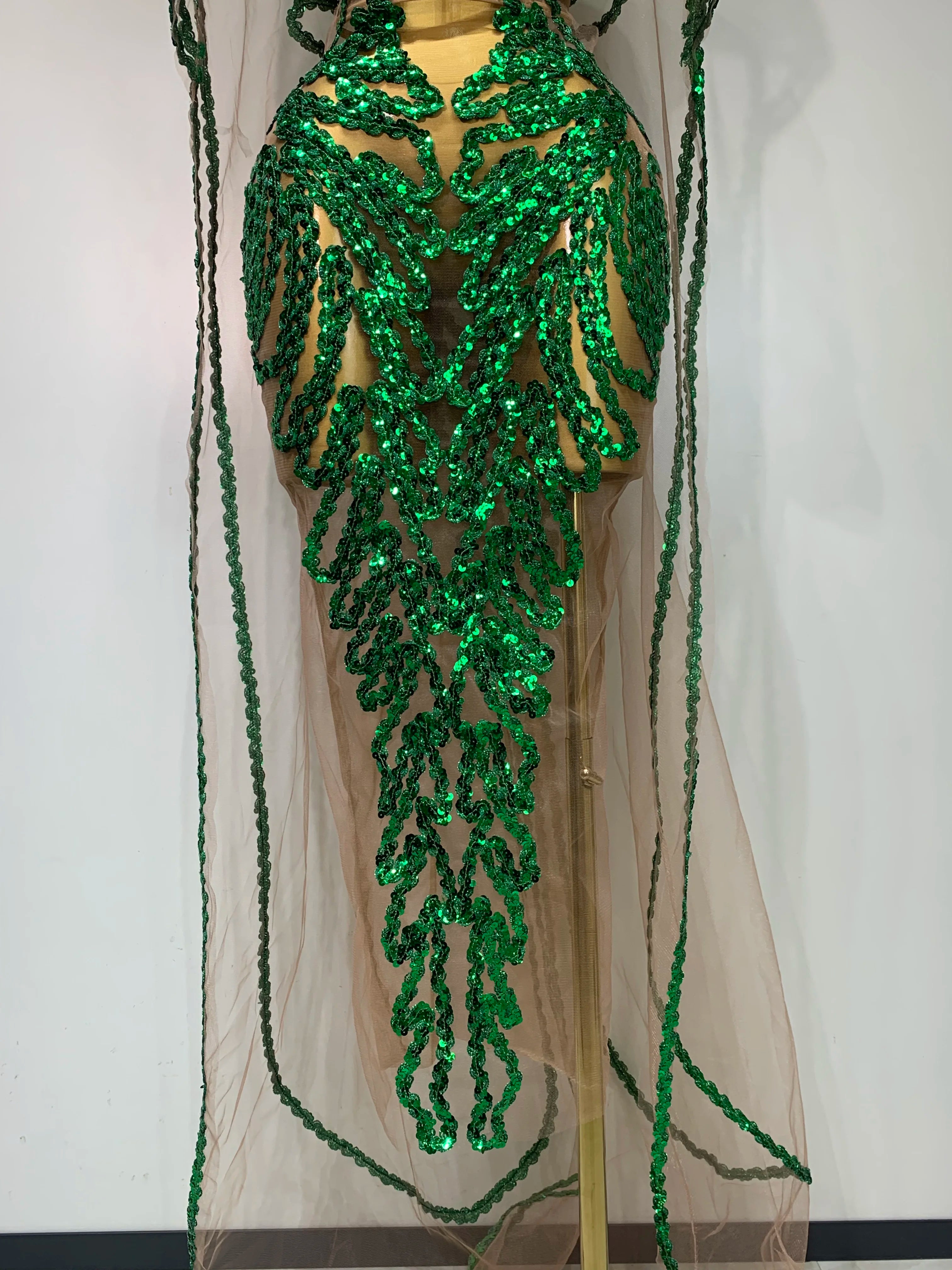 See Through Mesh Sparkly Green Sequins Party Dress