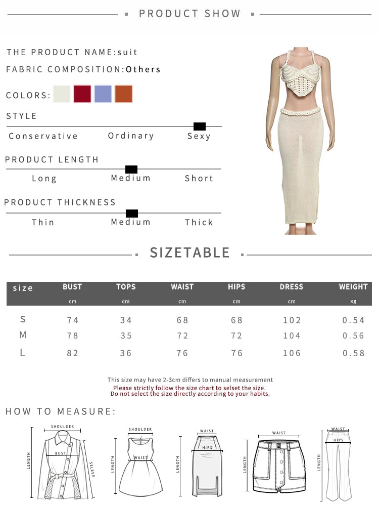 Crochet Shirring  Cross Bandage Backless Irregular Tops+Solid Long Skirts 2 Piece Set