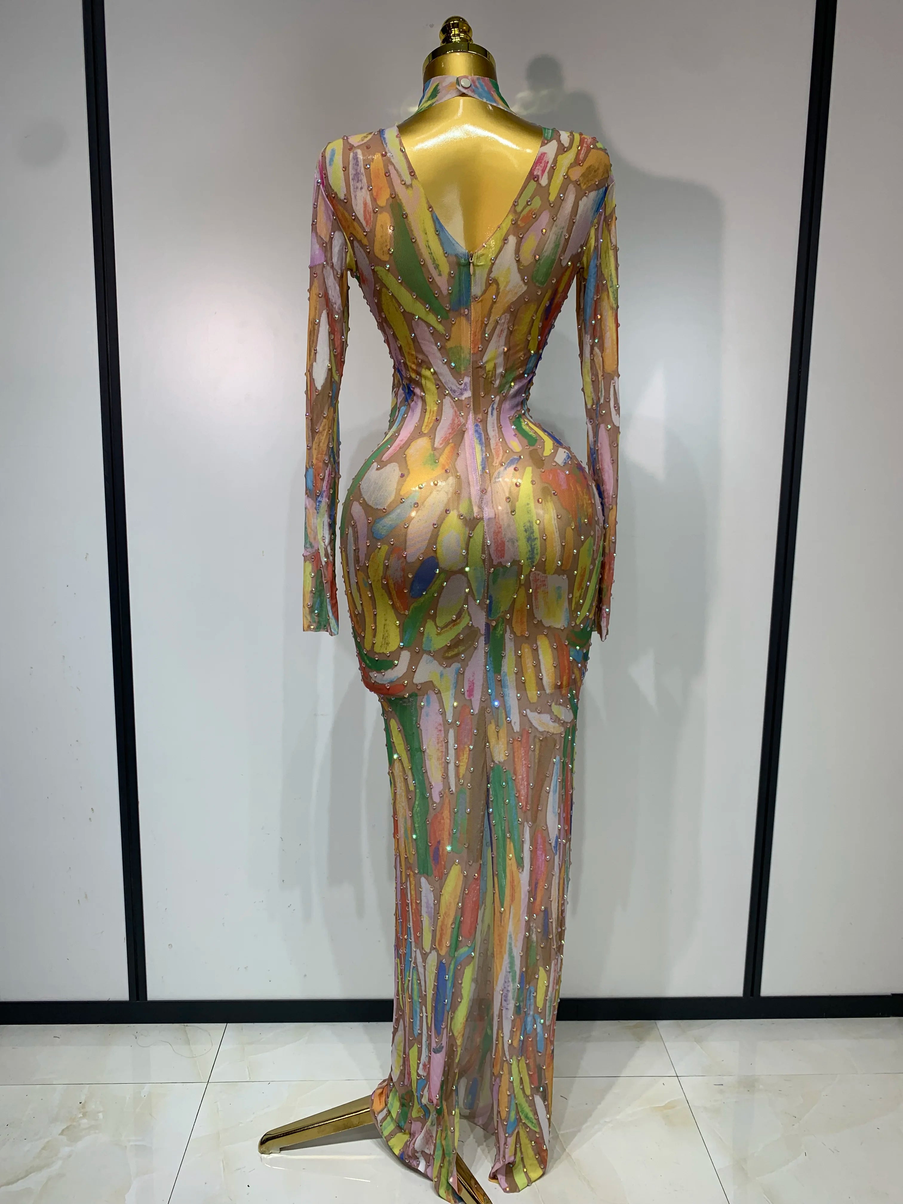 Stretchy See Through Mesh Sparkly Rhinestone Dress