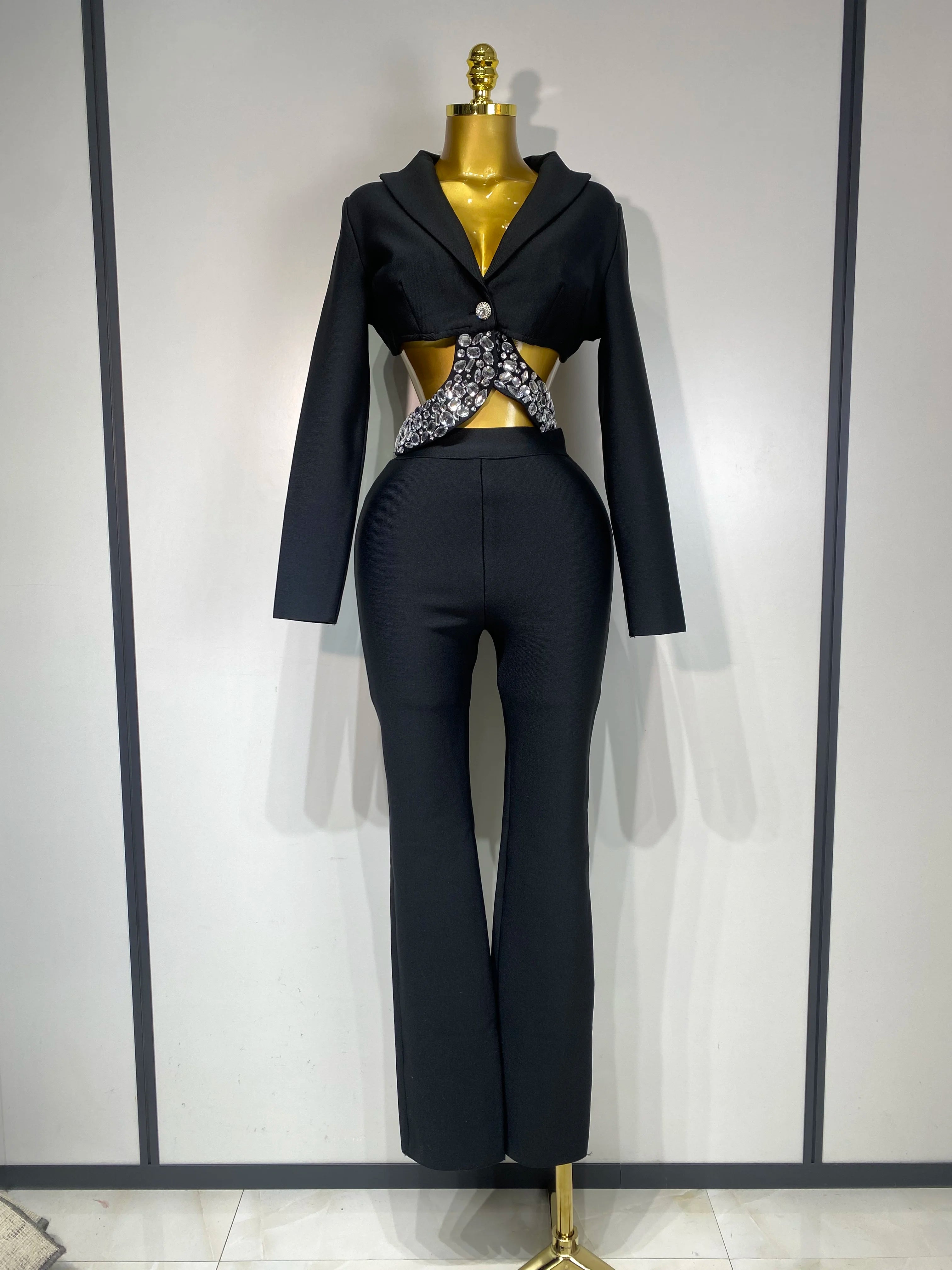 Luxury Two Piece Set Long Sleeve Beading Bodycon Top And Bandage Pants Set