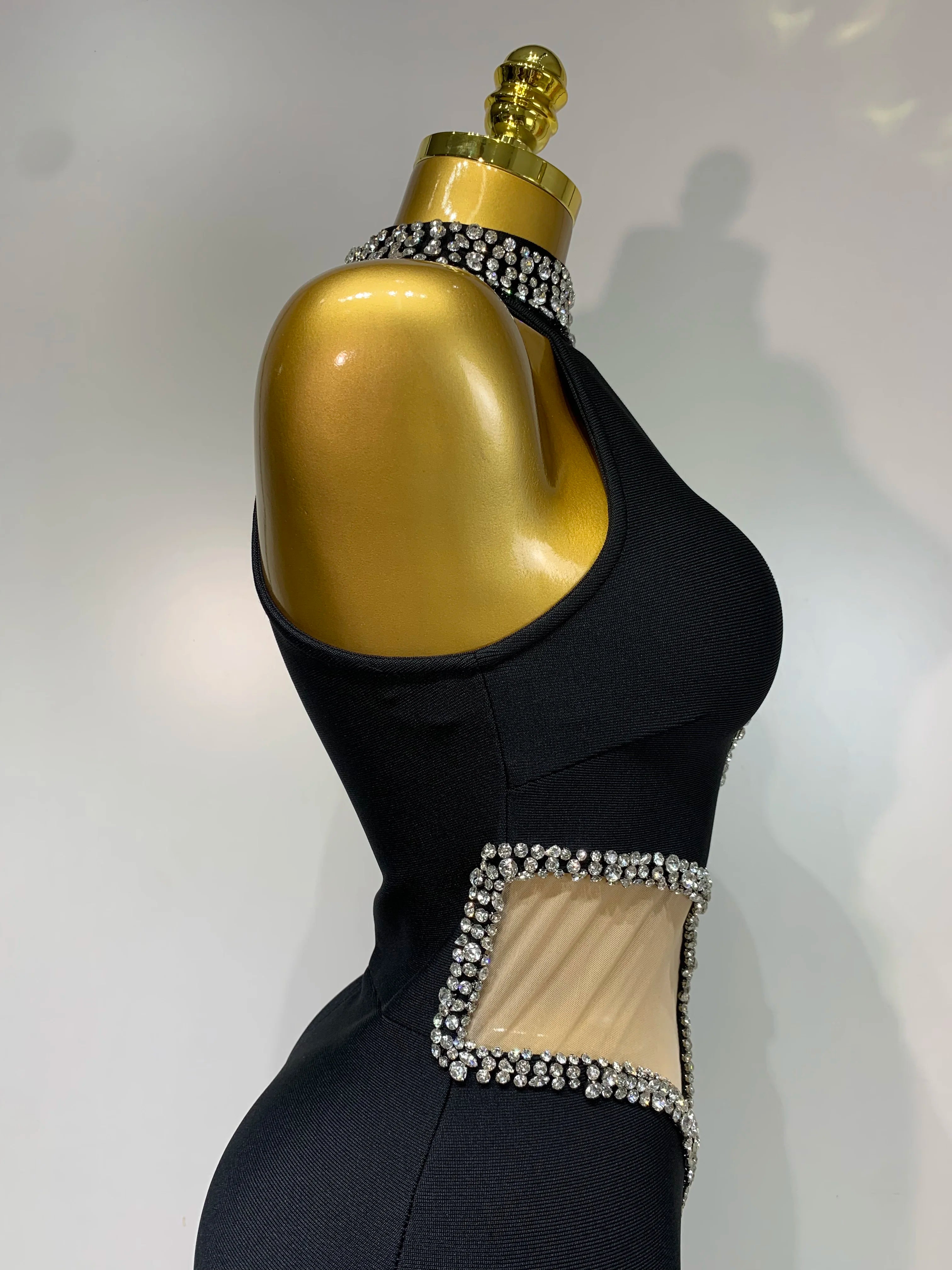 Rhinestone Black Sleeveless Mesh Patchwork Bodycon Bandage Elegant Dresses