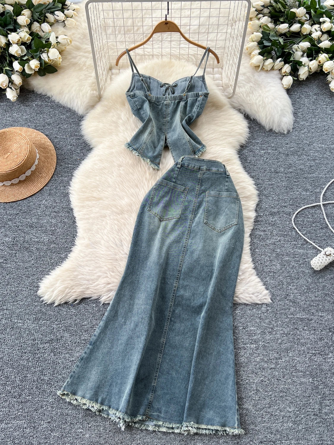 Vintage Lace Up Strapless Top And Skirt Demin Set