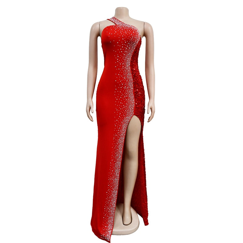 One Shoulder Backless Diamond Sequin Long Bodycon Dress