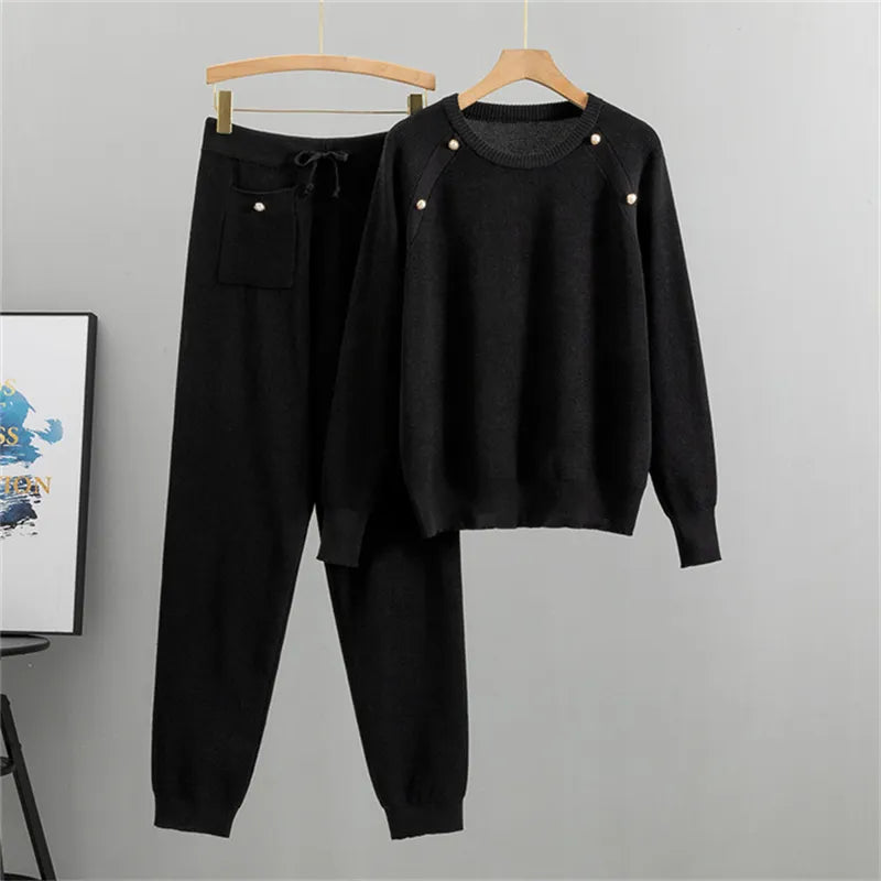 O-neck Sweater Pullover 2 Piece Sets Knitwear Jumper Sweatpants Suit