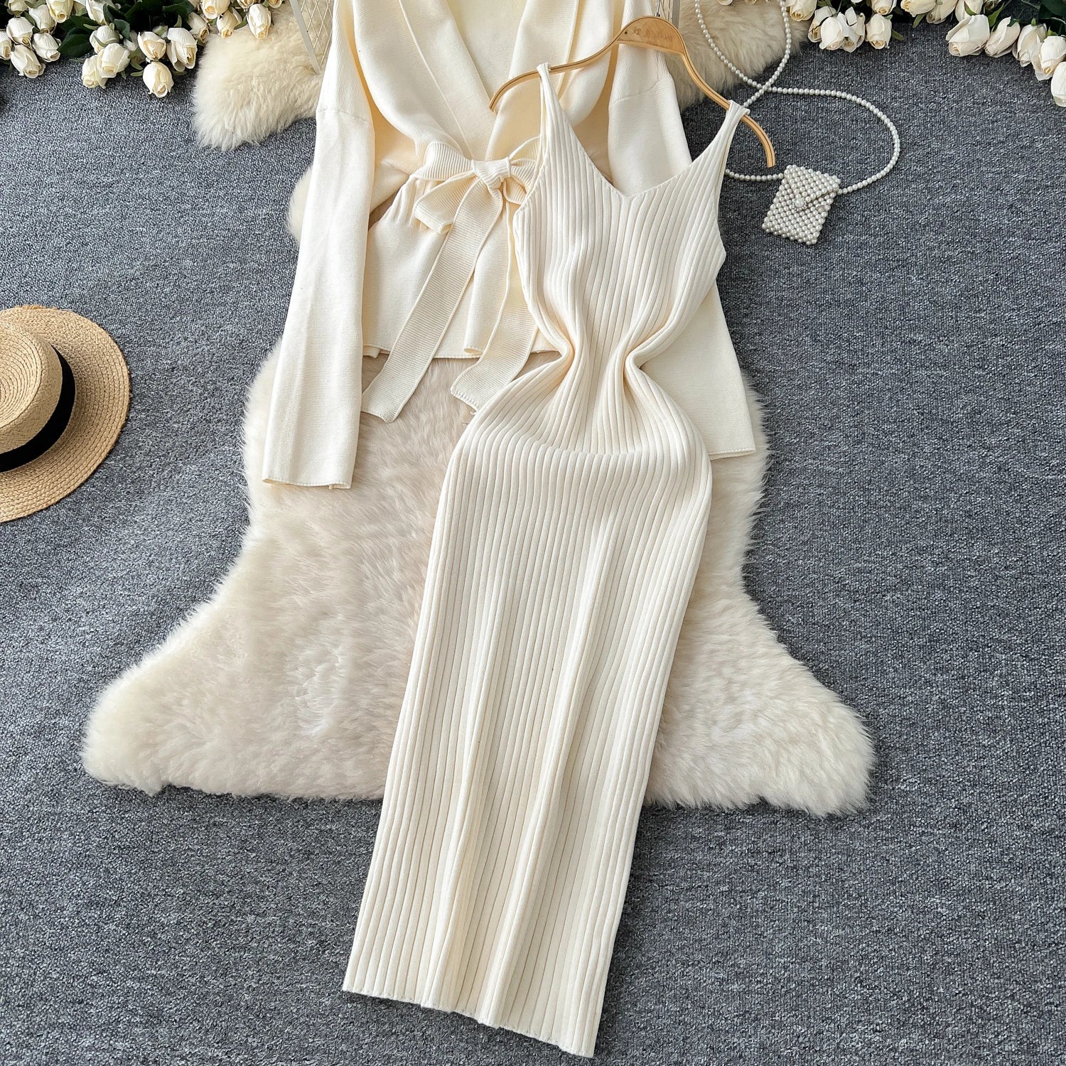 Lace Up Slim Cardigan+Sling Long Bodycon Solid Sweater Dress Two Piece Set