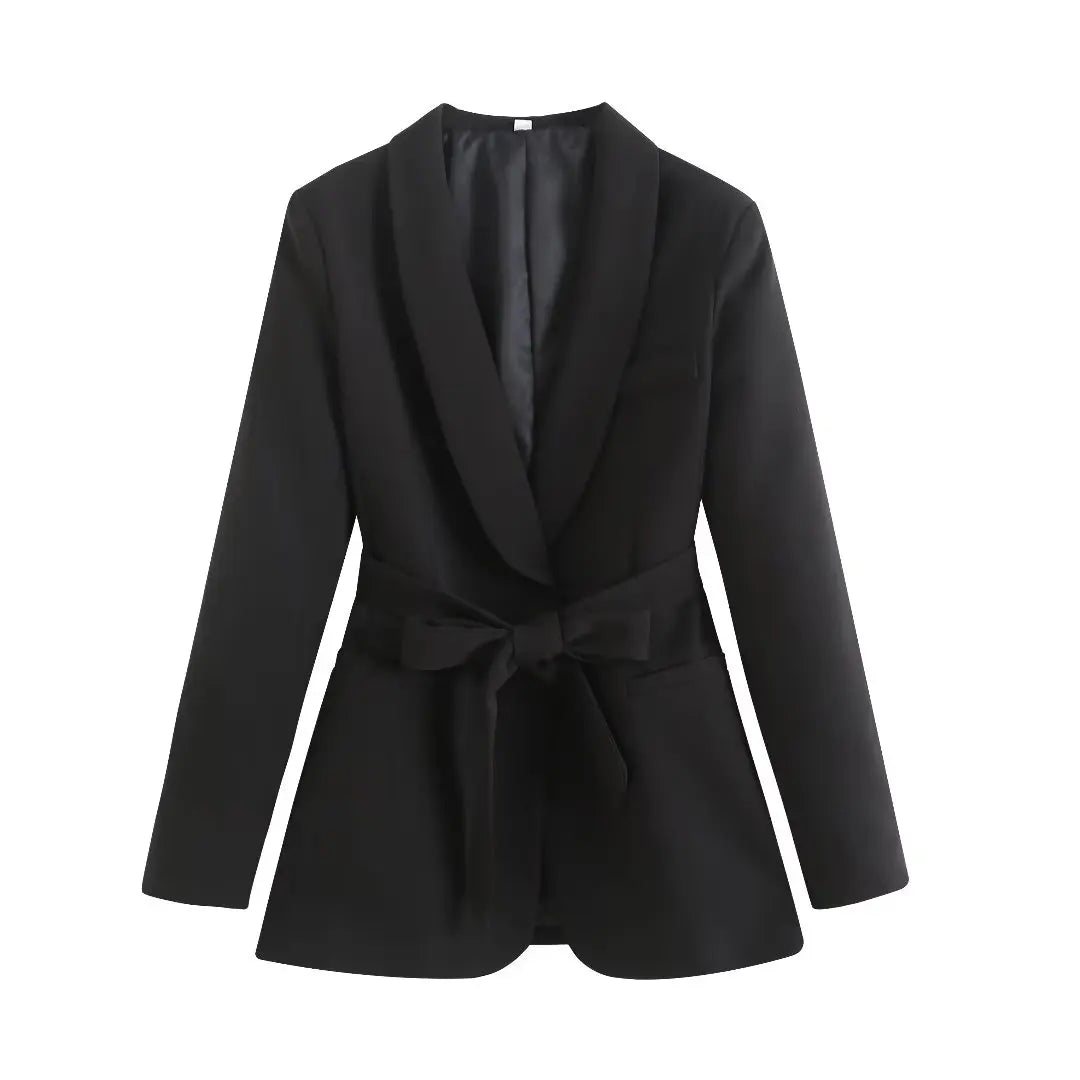 Long Sleeve Belt Bow Blazers Suit Coat Chic Female High Waist Trousers Two Piece Sets