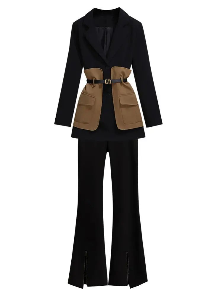 Patchwork Midi Suit Coat+Micro Flare Trouser Two Piece Matching Set