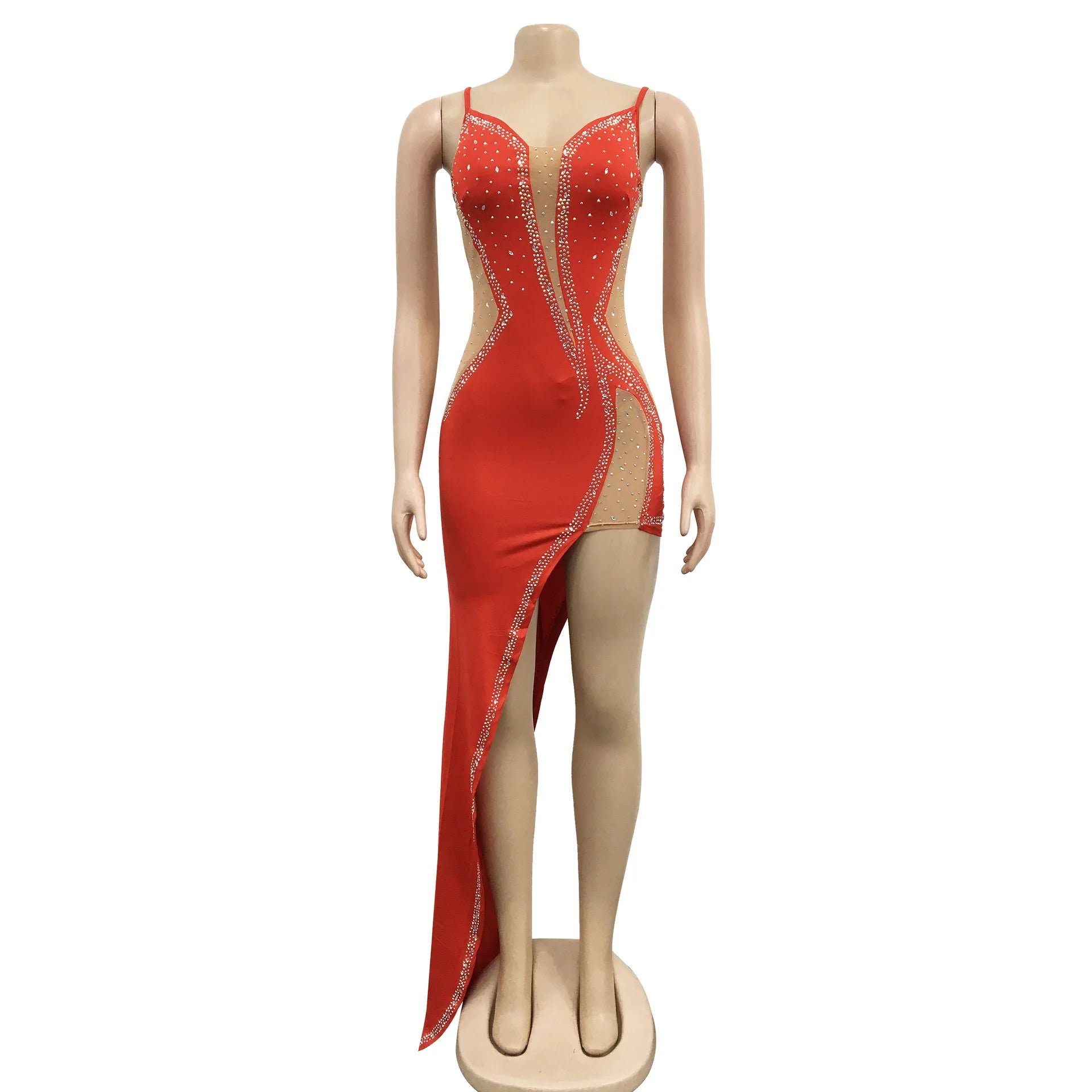 Sheer Mesh Diamonds Maxi Party Dress