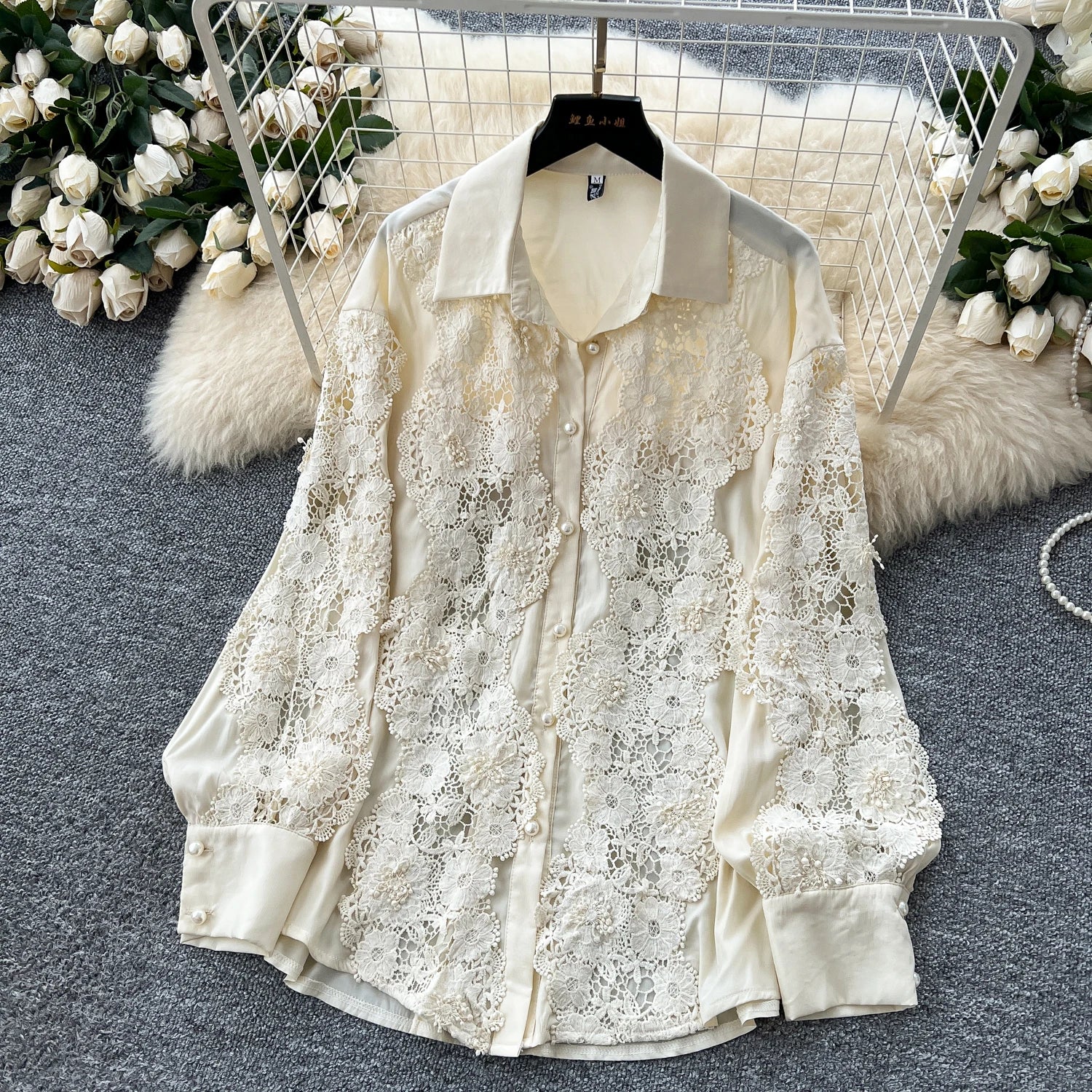 Single Breasted Lace Splice Top+High Waist Wide Legs Long Pants Hook Flower Hollow Suits