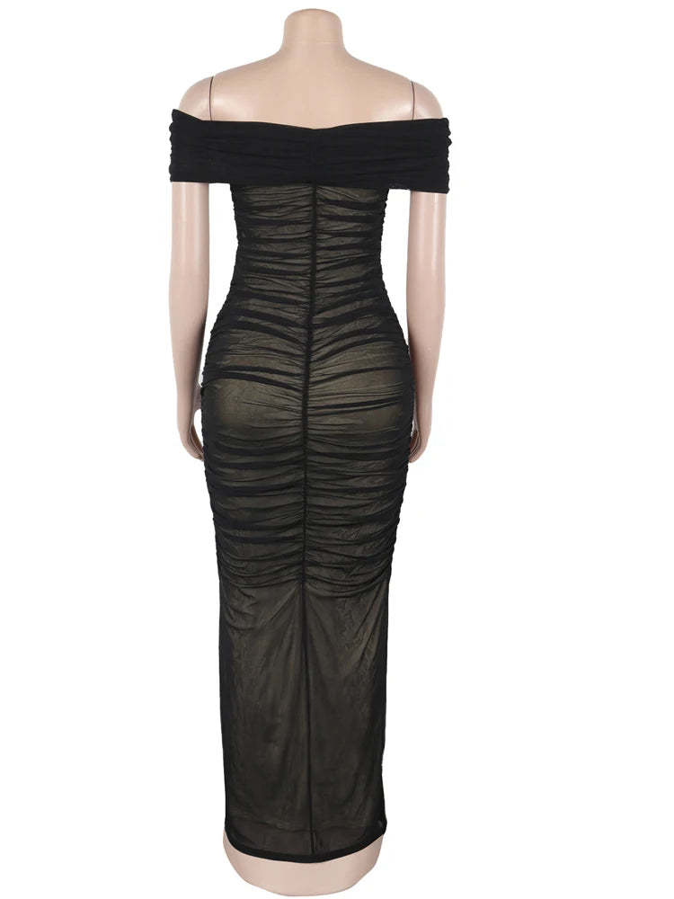 Off Shoulder Pleated Bandage Maxi Dress