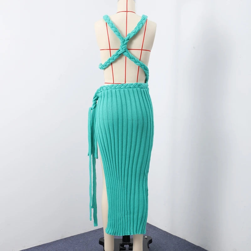 Knit High Slit Backless Long Dress