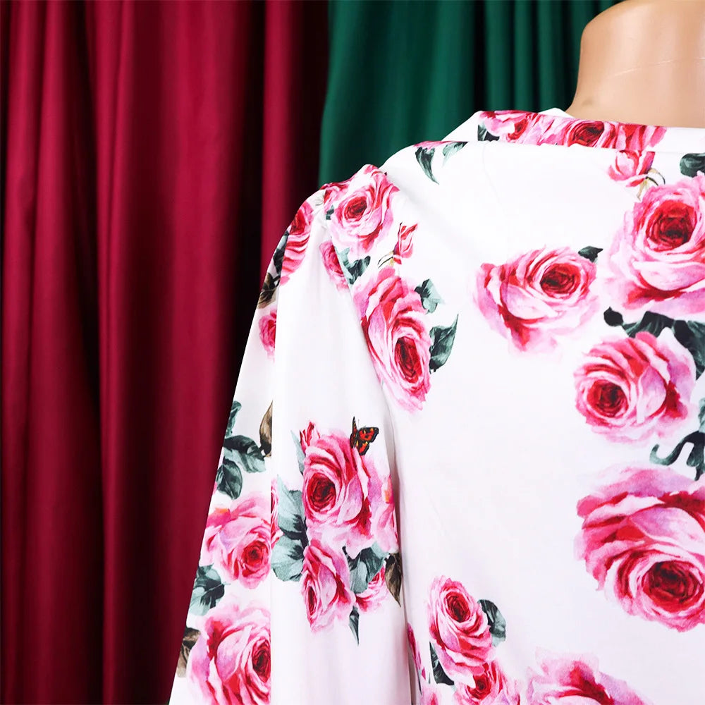 Two Piece Sets Slim Fit Print Floral Round Neck Lantern Sleeve Elegant Splice Wide Leg Long Pants