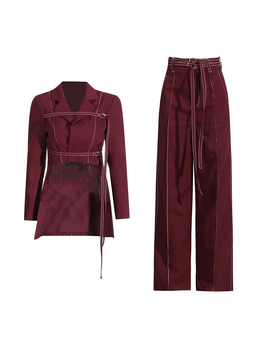 Two Piece Set Notched Collar Long Sleeve Top High Waist Straight Pant Temperament Sets