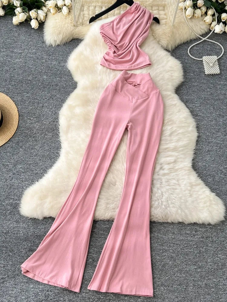 Two Pieces Sets Elegant Chic Skew Collar Pleated Tops + High Waist Flare Casual Pants  Outfits