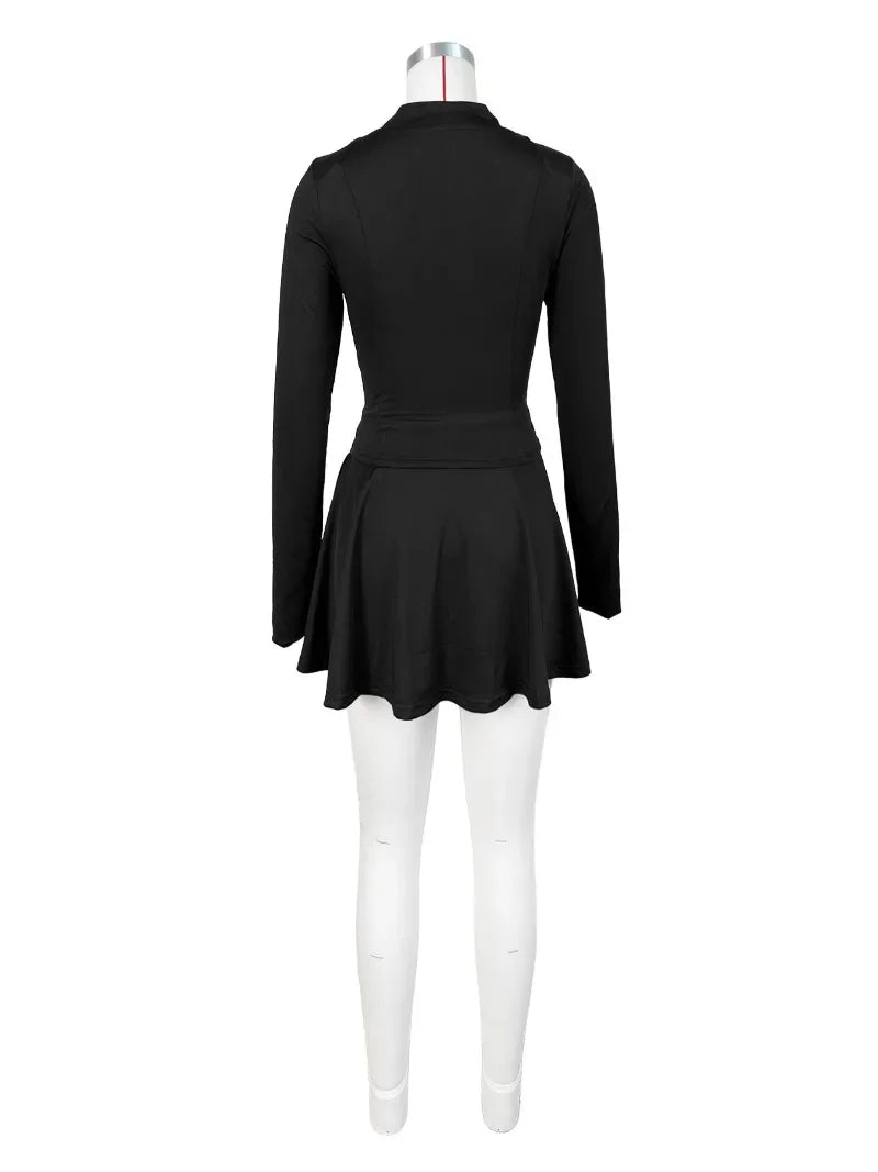 Sporty Casual 2 Piece Set Long Sleeve Zip-up Slim Top + Mini Flare Skirts with Safety Shorts Suit