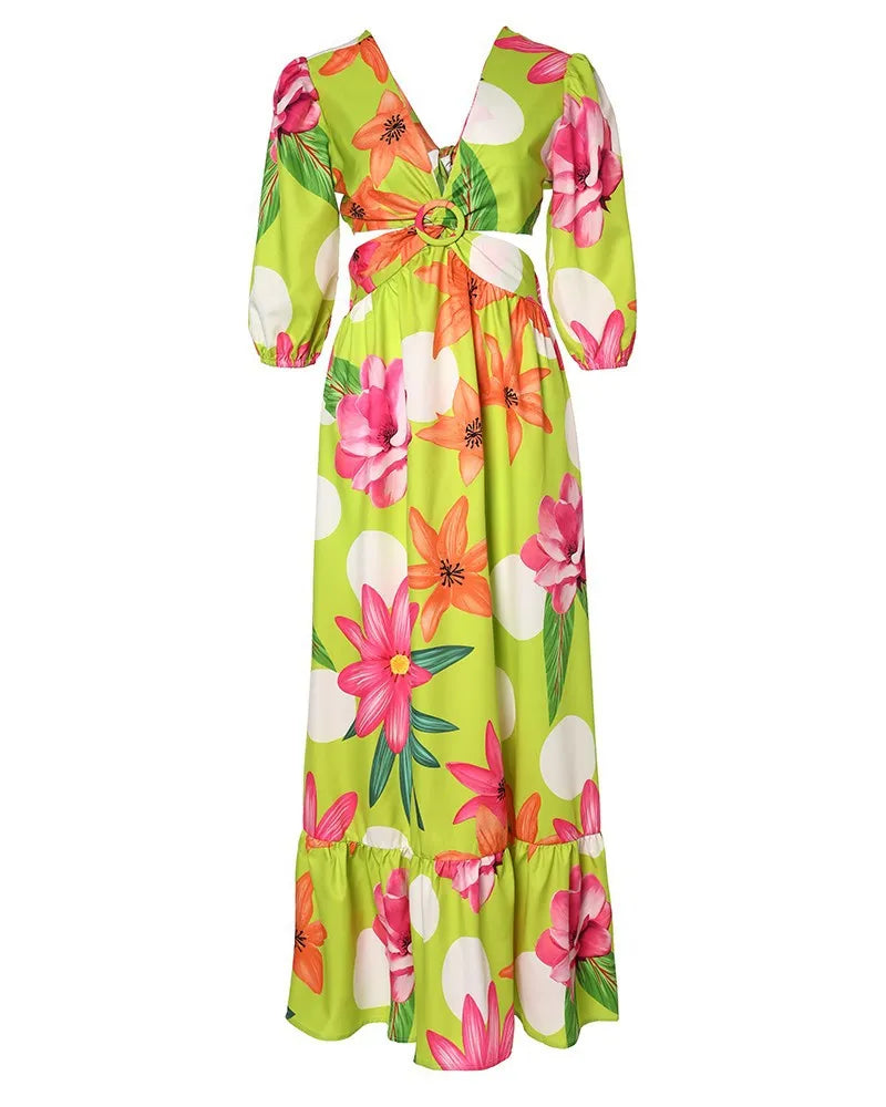 Long Maxi V-neck Short Sleeve Print Dress