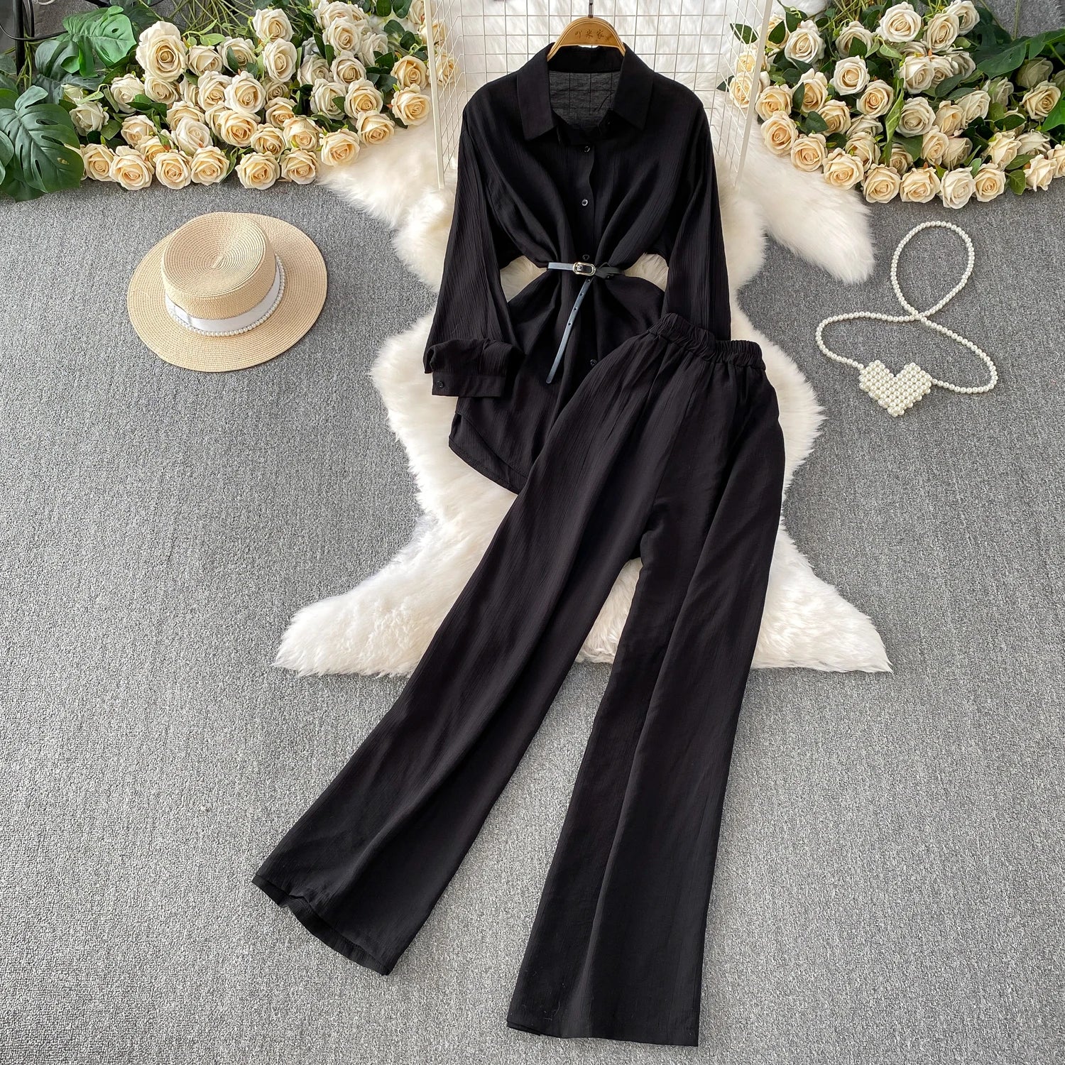 Casual shirt And Wide Leg Pants Two Piece Set