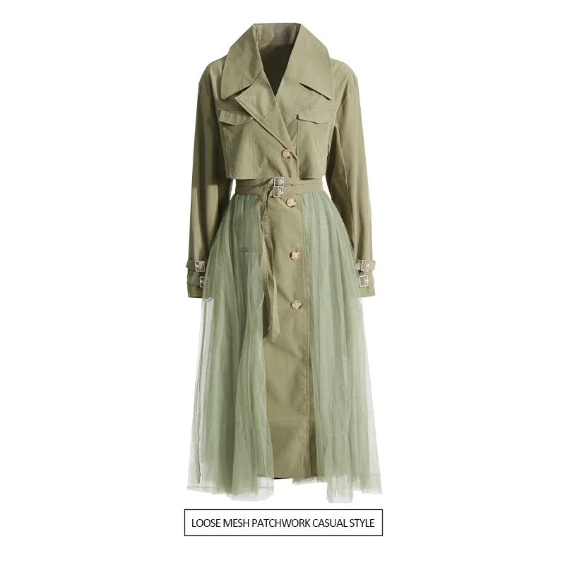 Loose Mesh Stitching Casual High Waist Long Trench Coat