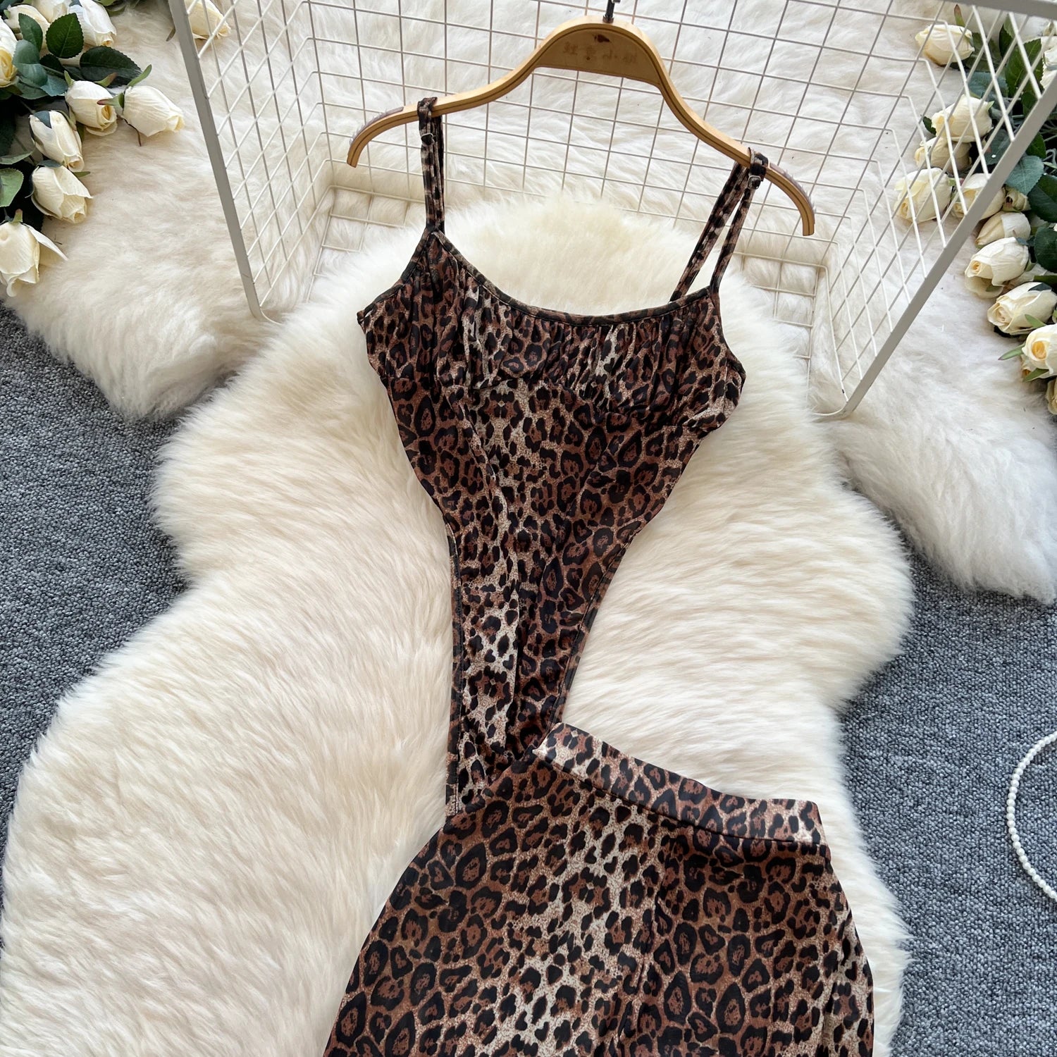 Leopard Strap Tops+Elastic Waist Flared Pants Set