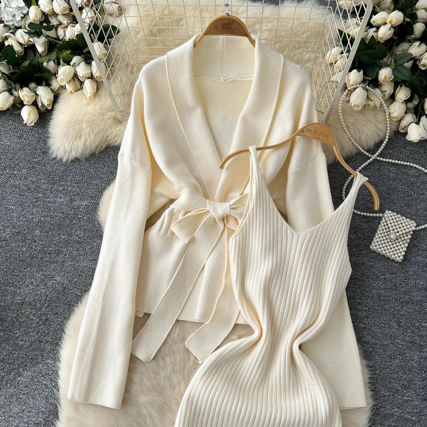Lace Up Slim Cardigan+Sling Long Bodycon Solid Sweater Dress Two Piece Set