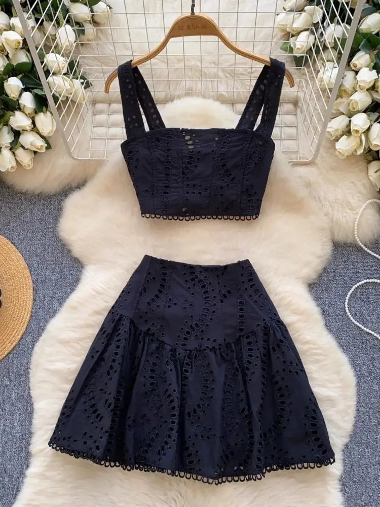Y2k Elastic Backless Crop Top + High Waist Mini Skirts Hollow Out Two Piece Set