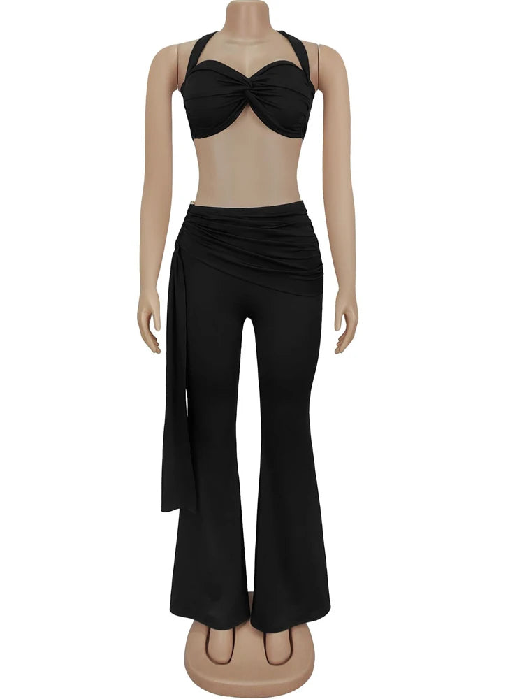 Chic Twist Front Crop Top And Long Straps Wide Legs Pants Se