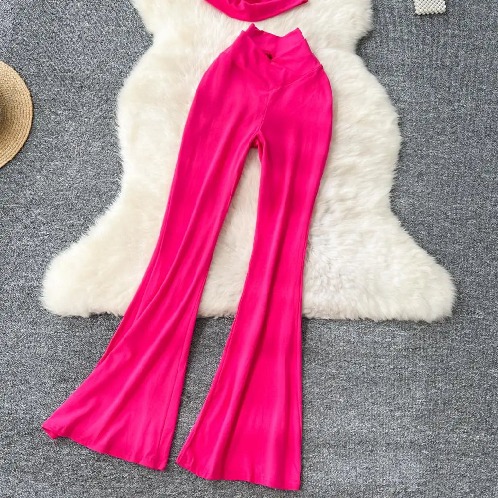 Two Pieces Sets Elegant Chic Skew Collar Pleated Tops + High Waist Flare Casual Pants  Outfits